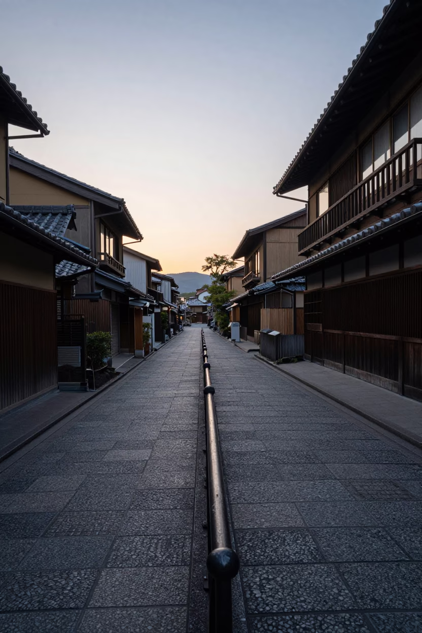 Early Morning Kyoto Street Scene with Stair Rail and Ceramic Bowl Before Sunrise in in Kyoto, Japan