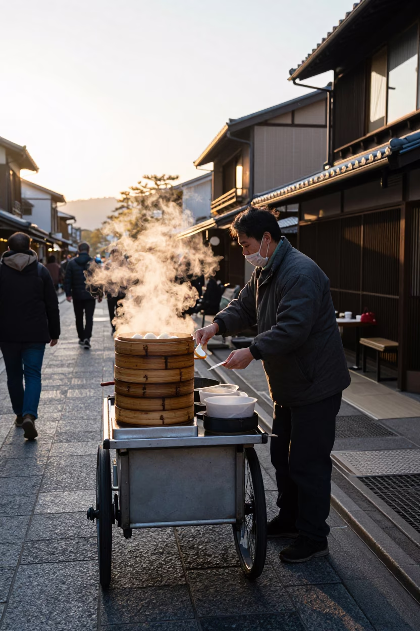 Early Morning Kyoto Street Scene with Steaming Dim Sum and Glass Carafe in in Kyoto, Japan