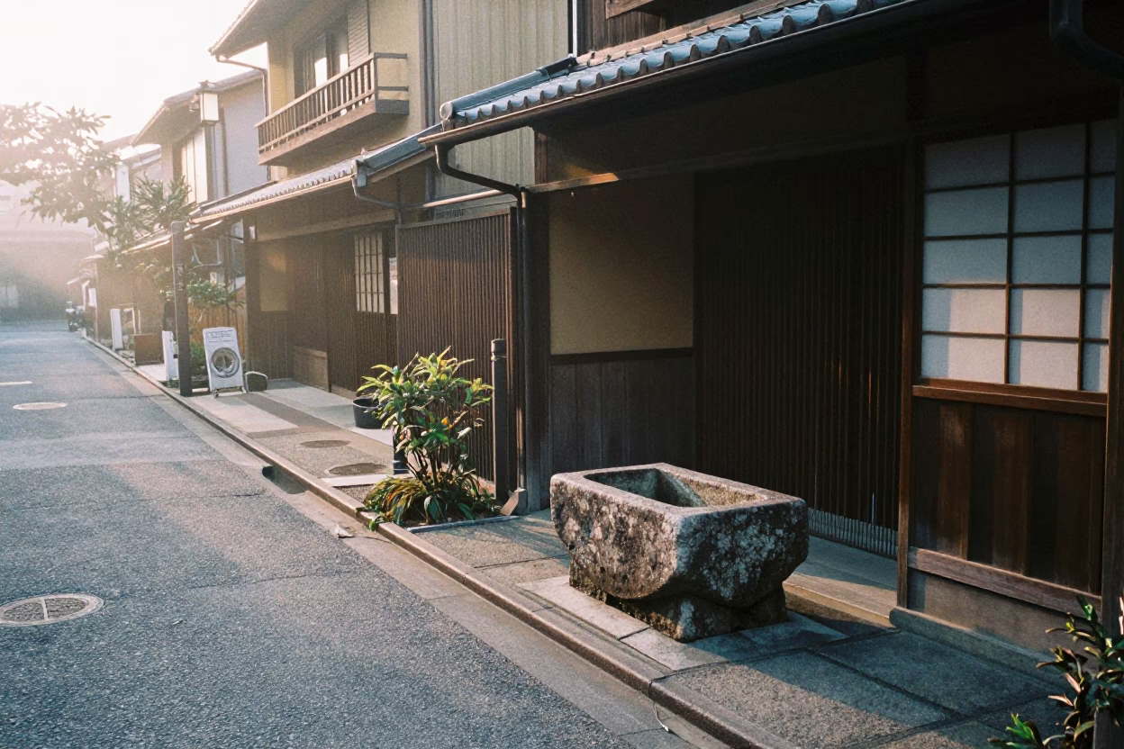 Early Morning Kyoto Street Scene with Stone Basin and Traditional Architecture at First Light in in Kyoto, Japan
