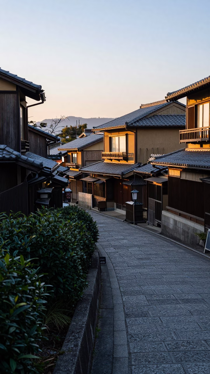 Early morning Kyoto street scene with tea bushes and traditional wooden architecture at dawn in in Kyoto, Japan