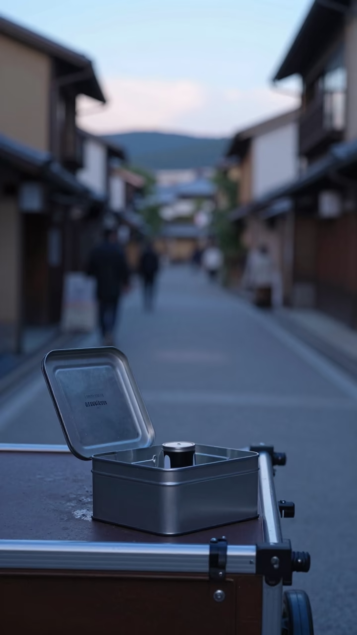 Early Morning Kyoto Street Scene with Tiffin Tin and Coffee Cupper Before Sunrise in in Kyoto, Japan