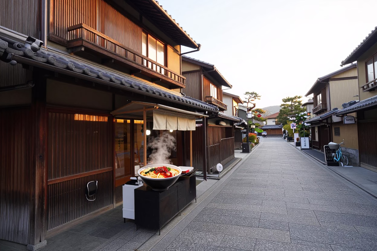 Early Morning Kyoto Street Scene with Traditional Architecture and Local Breakfast Items in in Kyoto, Japan