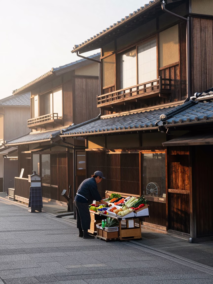 Early Morning Kyoto Street Scene with Traditional Architecture and Local Morning Routine in in Kyoto, Japan