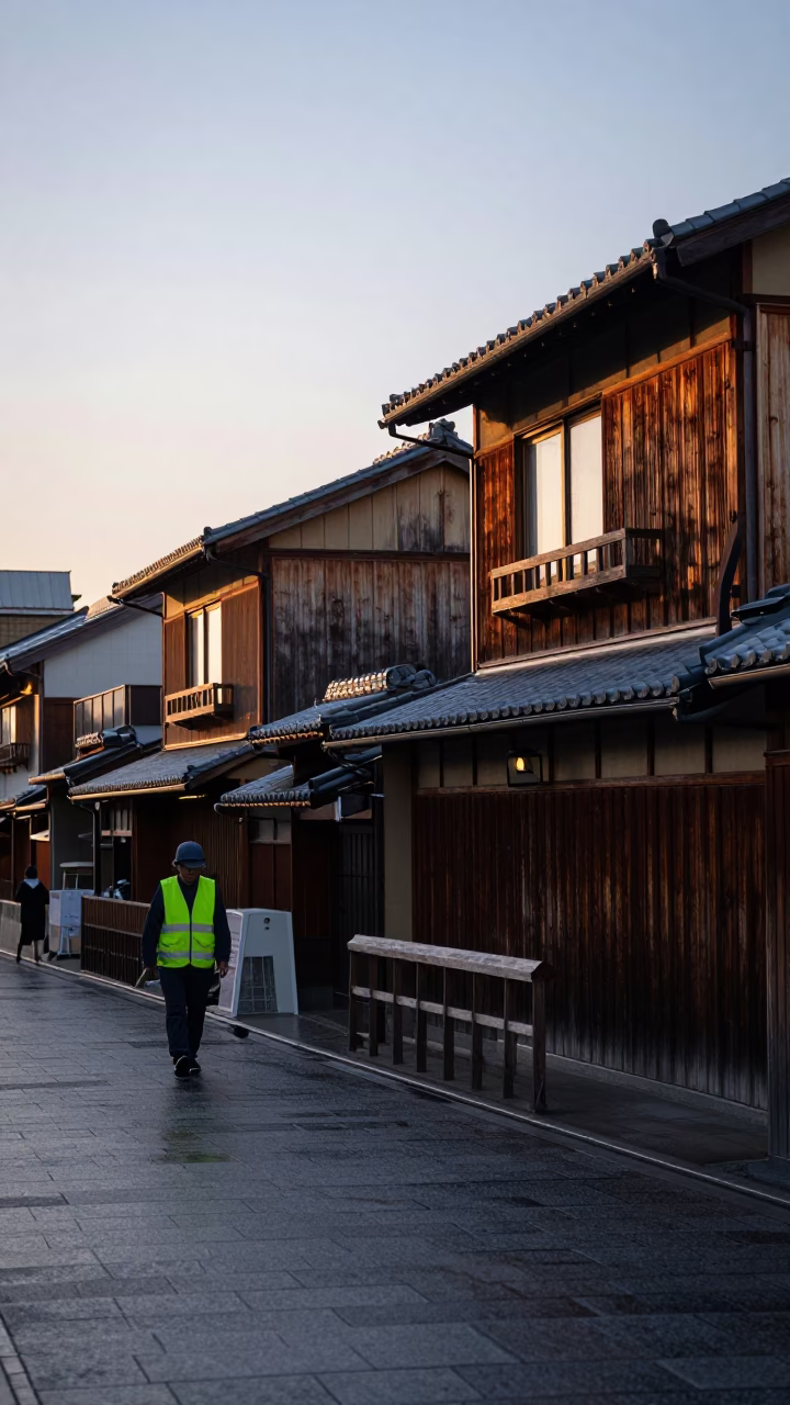 Early Morning Kyoto Street Scene with Traditional Architecture and Morning Light in in Kyoto, Japan