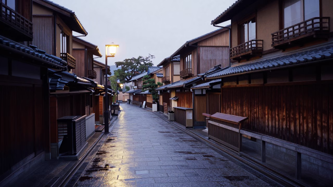 Early Morning Kyoto Street Scene with Traditional Architecture and Quiet Urban Atmosphere in in Kyoto, Japan