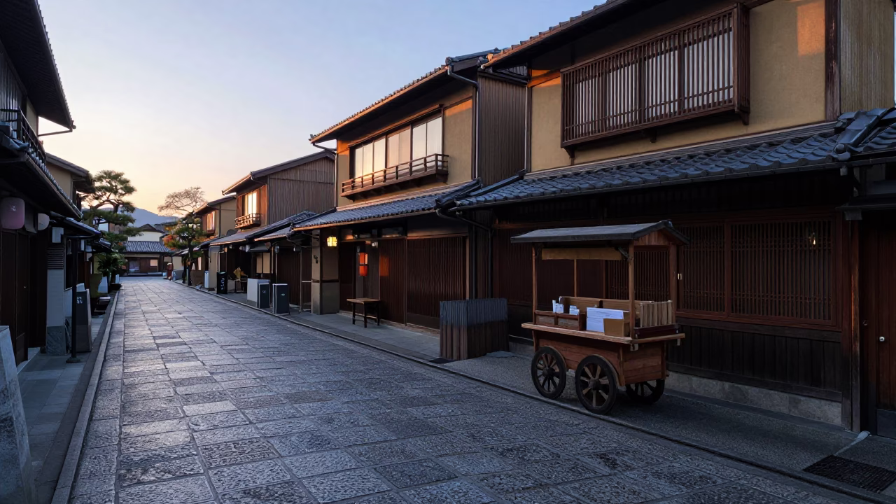 Early morning Kyoto street scene with traditional architecture and vendor stall in in Kyoto, Japan