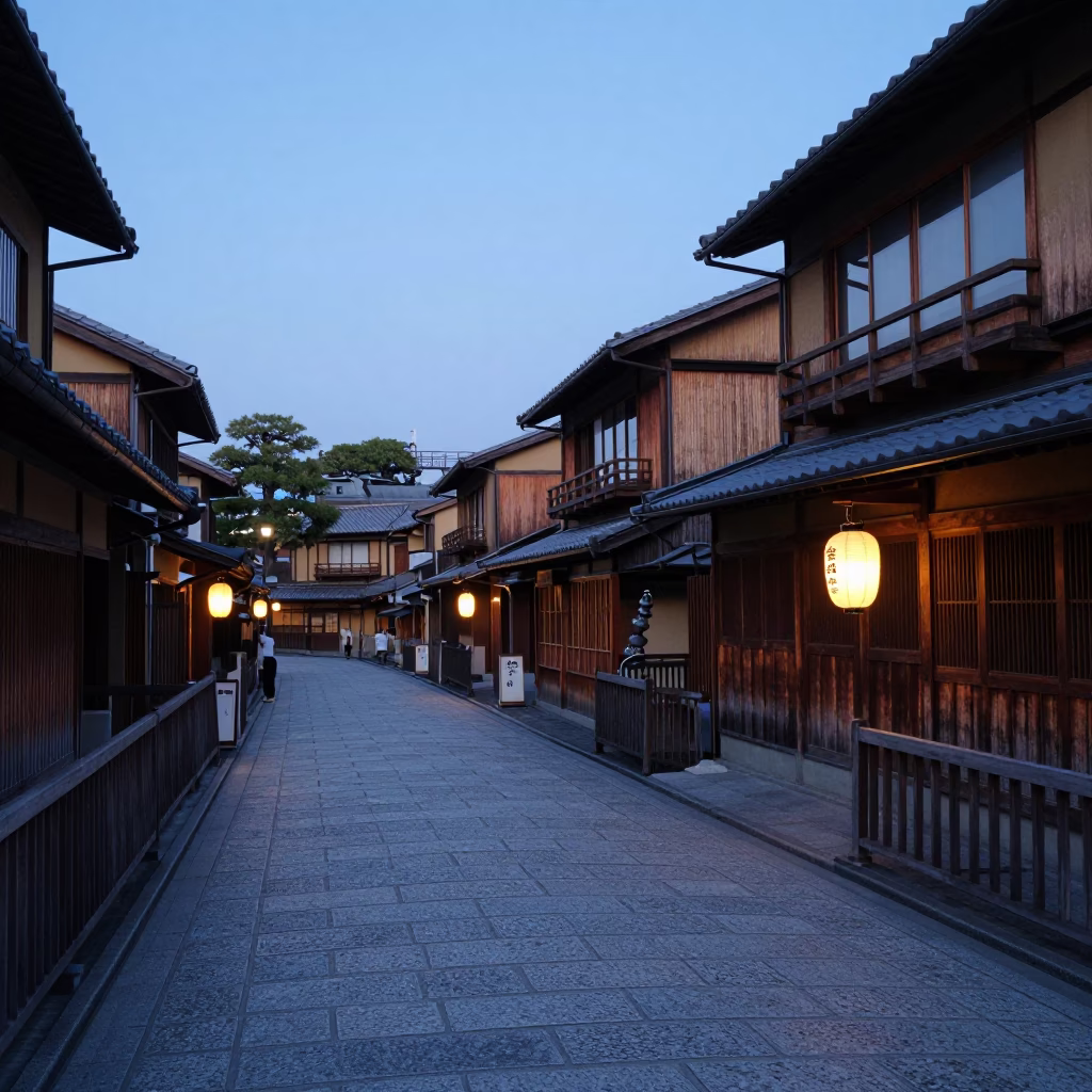 Early Morning Kyoto Street Scene with Traditional Lanterns and Wet Pavement Before Dawn in in Kyoto, Japan