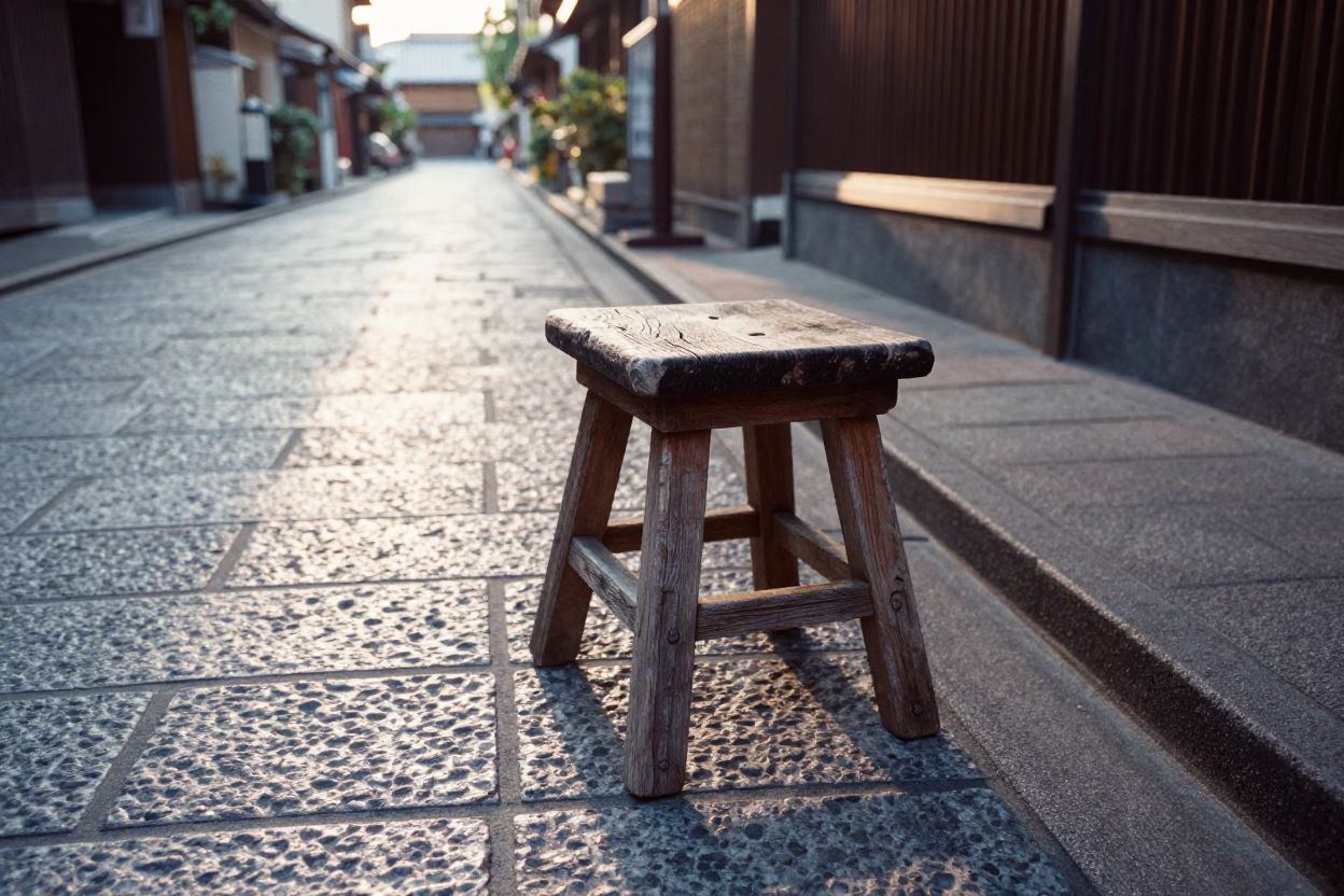 Early Morning Kyoto Street Scene with Traditional Stool and Wooden Bowl in in Kyoto, Japan