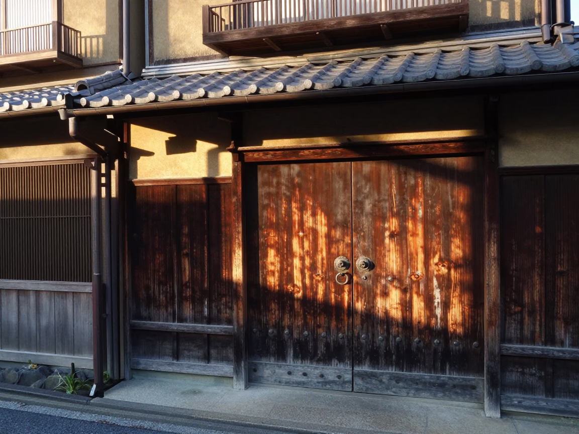 Early Morning Kyoto Street Scene with Traditional Wooden Door and Iron Hardware in in Kyoto, Japan