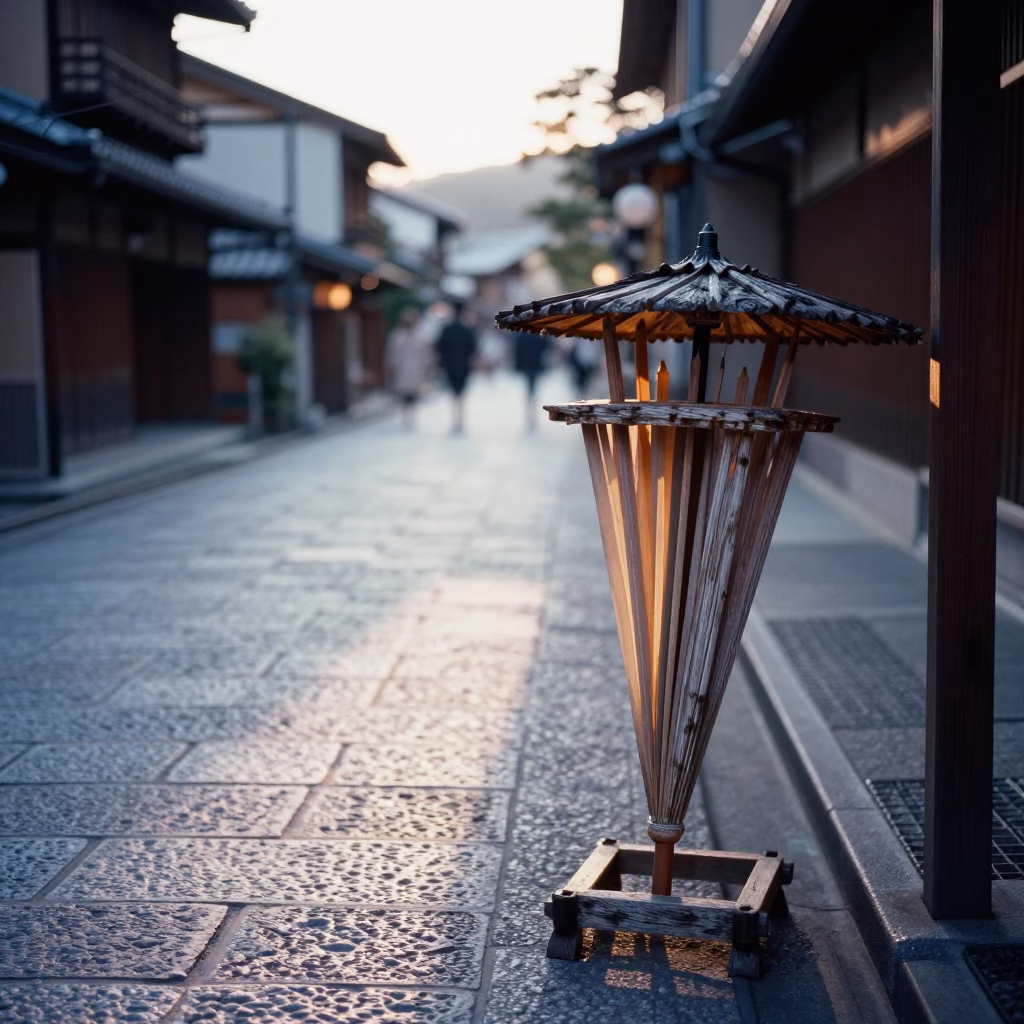 Early Morning Kyoto Street Scene with Umbrella Stand and Traditional Wooden Architecture in in Kyoto, Japan