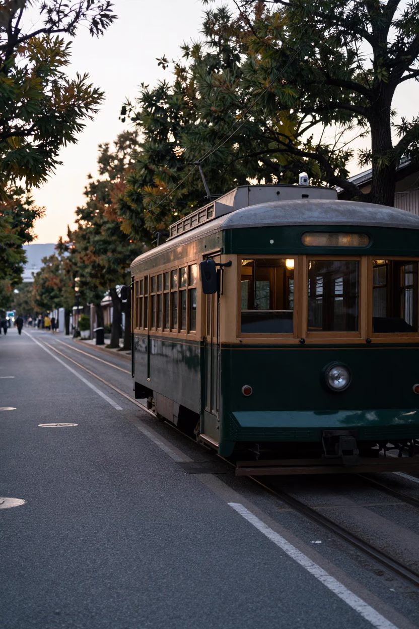 Early Morning Kyoto Street Scene with Vintage Trolley and Tree-Lined Avenue in in Kyoto, Japan