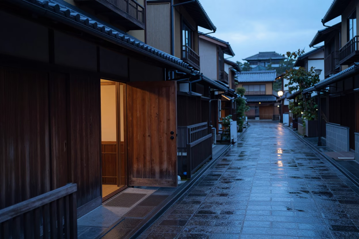 Early Morning Kyoto Street Scene with Wet Pavement Reflections and Wicker Basket in in Kyoto, Japan