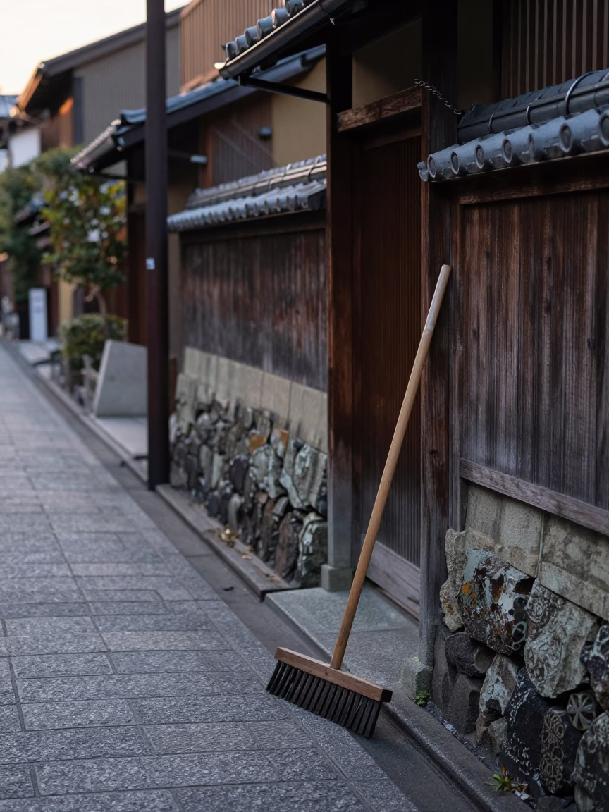 Early Morning Kyoto Street Scene with Wooden Rake and Ceramic Cup at Dawn in in Kyoto, Japan