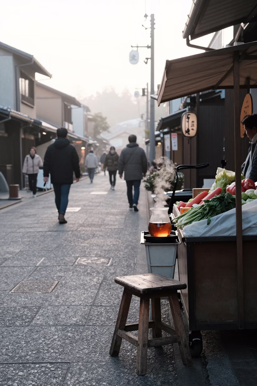 Early Morning Kyoto Street Scene with Wooden Stool and Carafe in in Kyoto, Japan