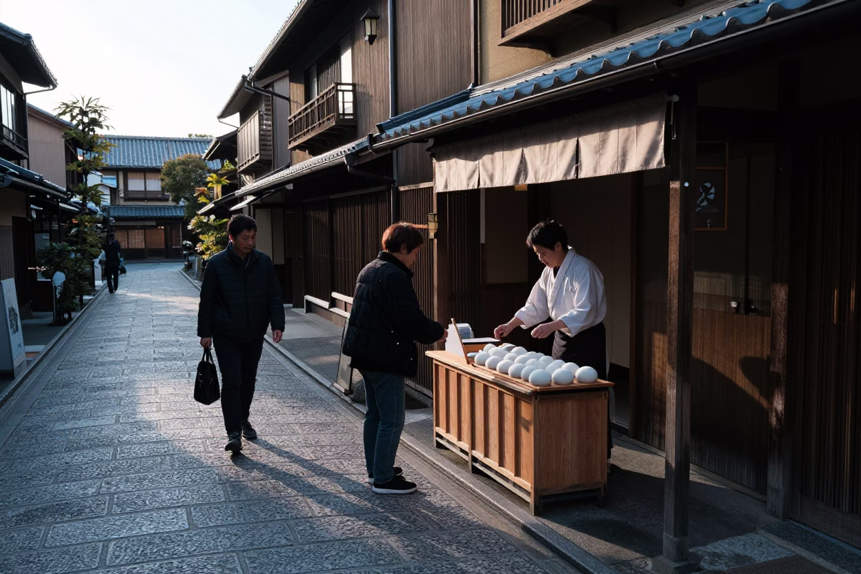 Early morning Kyoto street scene with woven baskets and cardigans in in Kyoto, Japan