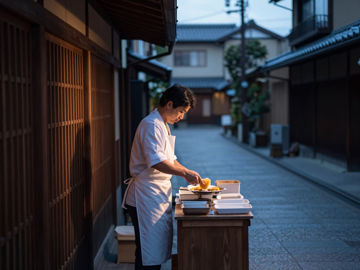 Early Morning Kyoto Street Vendor Preparing Traditional Treats in in Kyoto, Japan