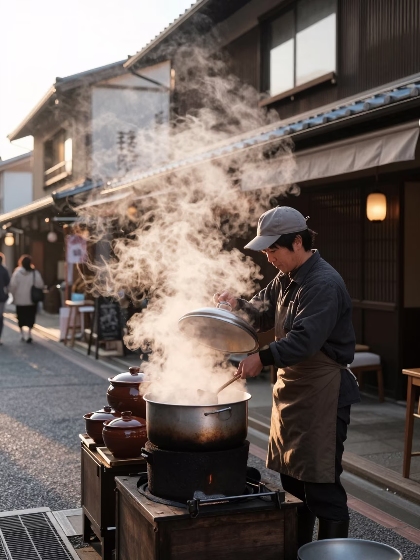 Early Morning Kyoto Street Vendor Steam Rising from Ceramic Soup Bowls in in Kyoto, Japan