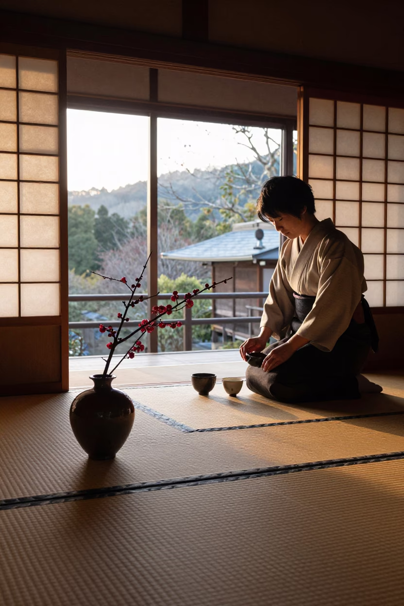 Early Morning Kyoto Tea Ceremony Preparation with Ceramic Vase and Wooden Tray at Dawn in in Kyoto, Japan