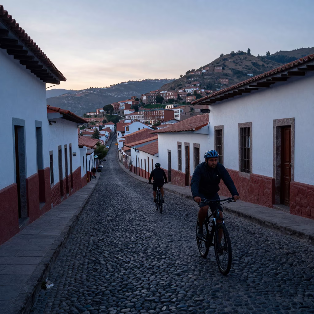 Early Morning La Paz Bolivia Cyclist Navigating Cobblestone Street Before Sunrise in in La Paz, Bolivia