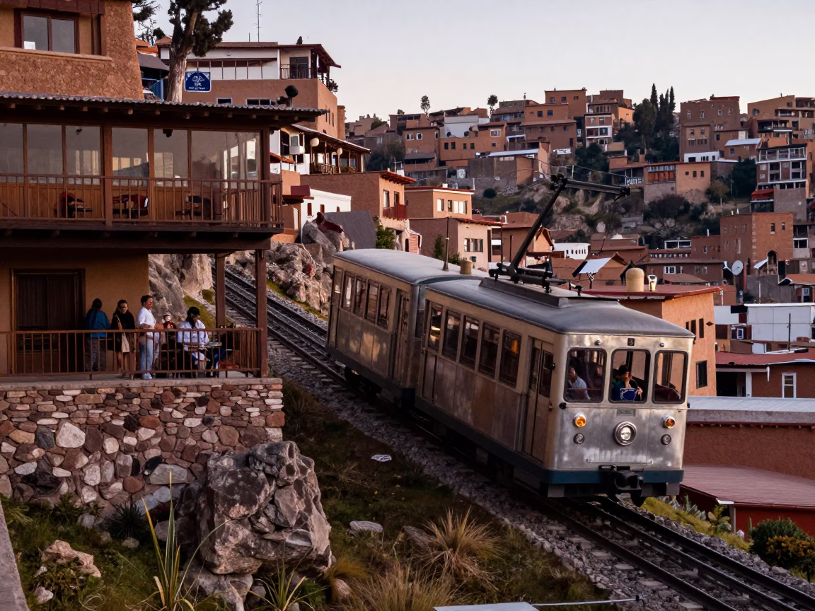 Early Morning La Paz Bolivia Funicular Railway Approach to Cliffside Restaurant High Andes Cityscape in in La Paz, Bolivia