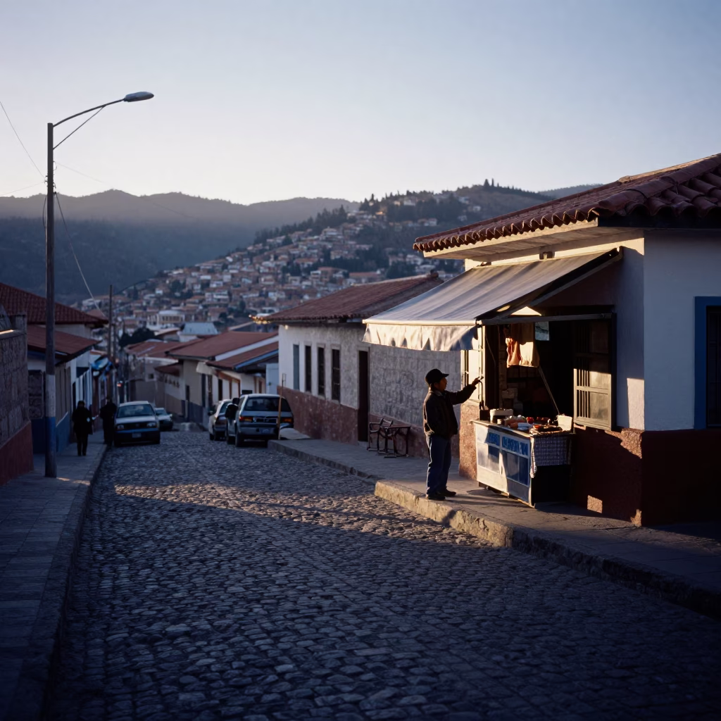 Early Morning La Paz Bolivia Street Scene Before Sunrise with Local Market Details in in La Paz, Bolivia