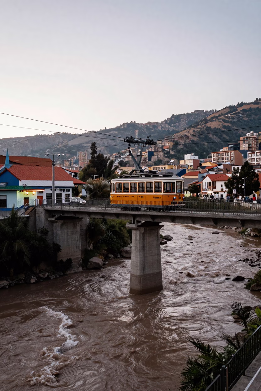 Early Morning La Paz Bolivia Street Scene with Cable Car and Bridge in in La Paz, Bolivia