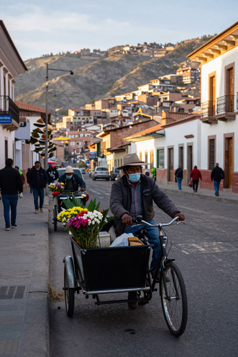 Early Morning La Paz Bolivia Street Scene with Cargo Bicycle and Local Vendor in in La Paz, Bolivia