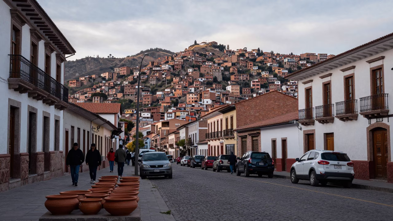 Early Morning La Paz Bolivia Street Scene with Terracotta Bowls and Urban Architecture in in La Paz, Bolivia