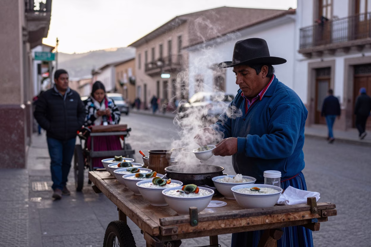 Early Morning La Paz Bolivia Street Scene with Traditional Bolivian Food and Urban Architecture in in La Paz, Bolivia