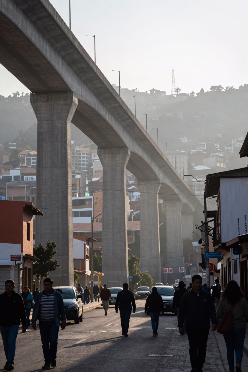 Early Morning La Paz Bolivia Street Scene with Viaduct Shadow and Local Market Activity in in La Paz, Bolivia