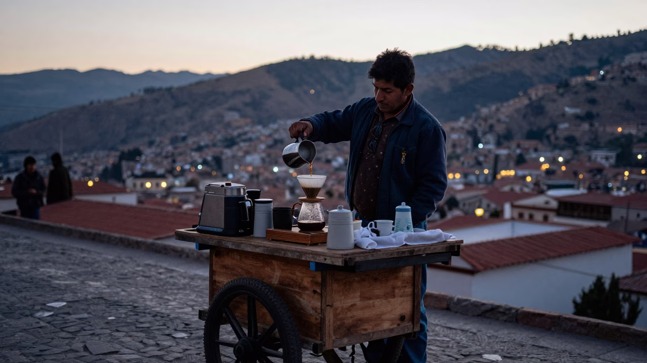Early Morning La Paz Bolivia Street Vendor Pour Over Coffee Before Dawn in in La Paz, Bolivia