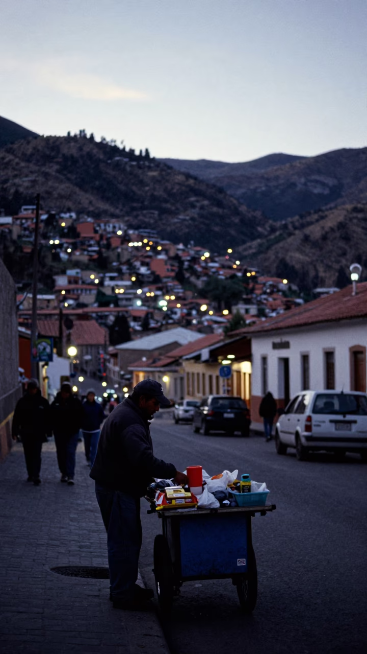 Early Morning La Paz Street Scene Before Dawn with Vendor Kettle and Twine Details in in La Paz, Bolivia