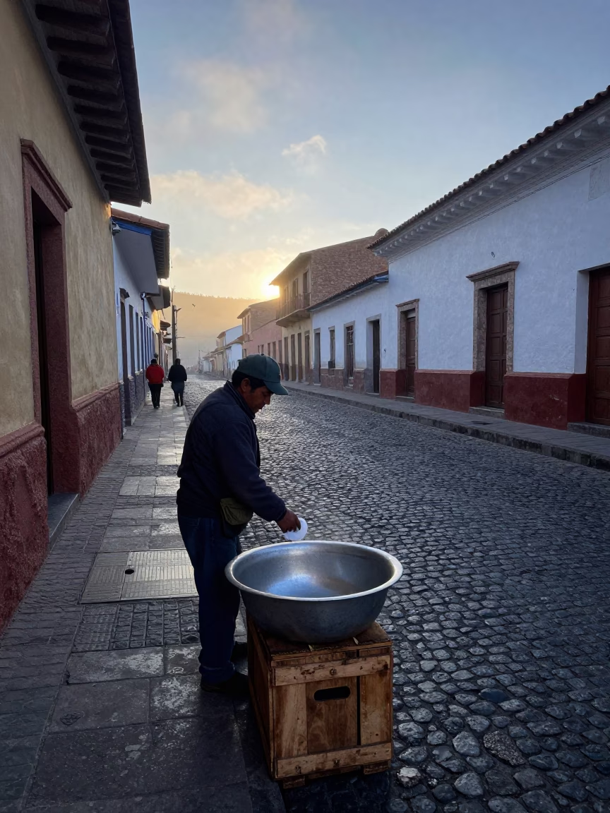 Early Morning La Paz Street Scene Condensation on Basin and Safety Razor in in La Paz, Bolivia