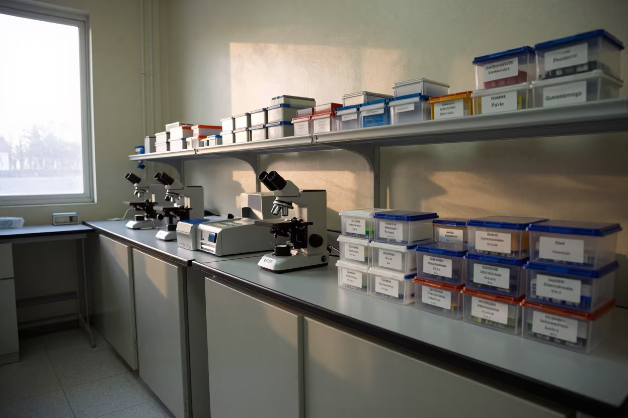 Early Morning Lab Freezer Room Quetzaltenango in at a microscopy bench in Quetzaltenango