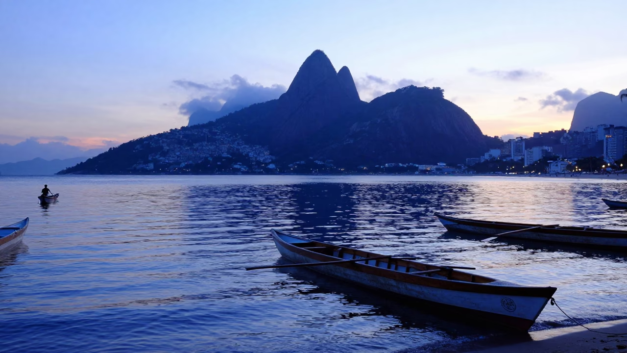 Early Morning Lagoon Scene with Canoes in Rio de Janeiro Before Sunrise in in Rio de Janeiro, Brazil
