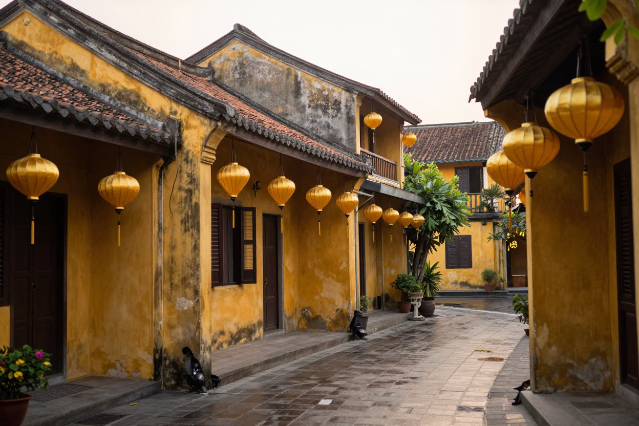 Early Morning Lantern Alley in Hoi An Vietnam with Traditional Yellow Buildings in in Hoi An, Vietnam