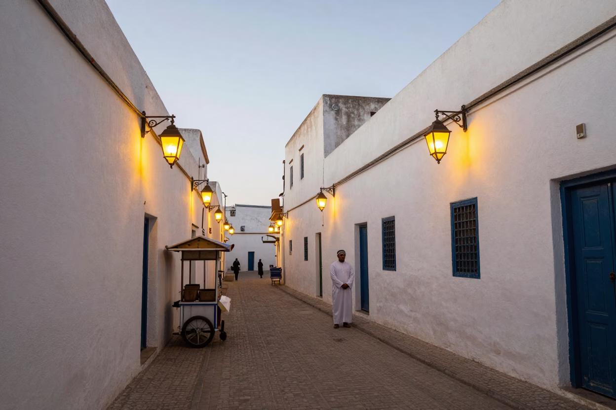 Early Morning Lantern-Lit Alley in Essaouira Morocco Old Town Street Scene in in Essaouira, Morocco