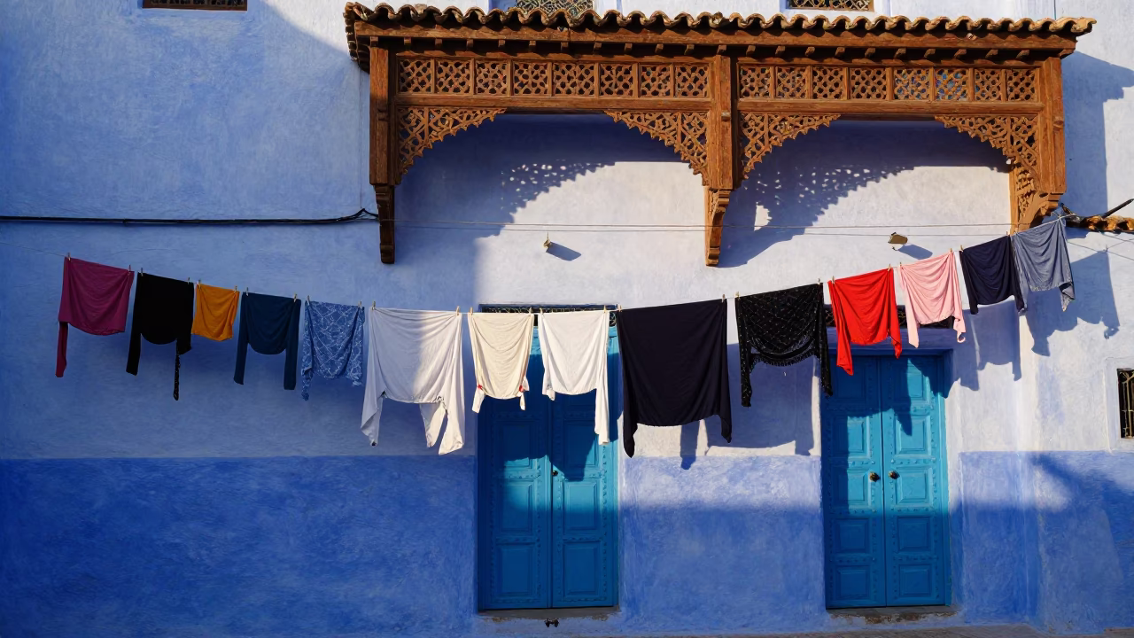 Early Morning Laundry Lines and Blue Doors in Essaouira Morocco in in Essaouira, Morocco