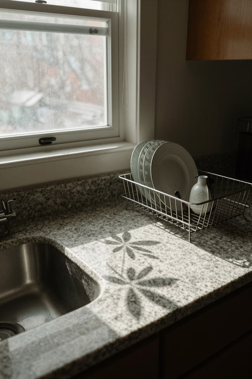 Early Morning Leaf Shadows on Kitchen Countertop in Philadelphia Pennsylvania Apartment in in Philadelphia, Pennsylvania, United States