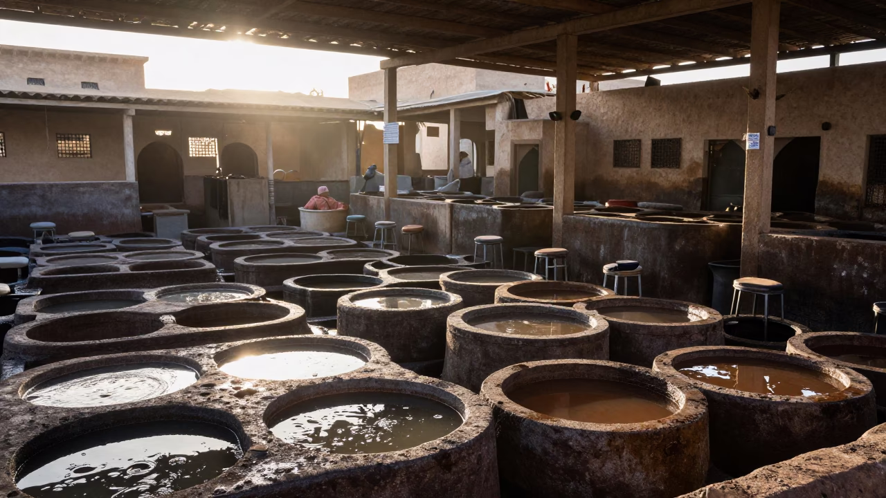 Early Morning Leather Tannery Scene in Fez Morocco with Metal Stools and Wooden Tools in in Fez, Morocco