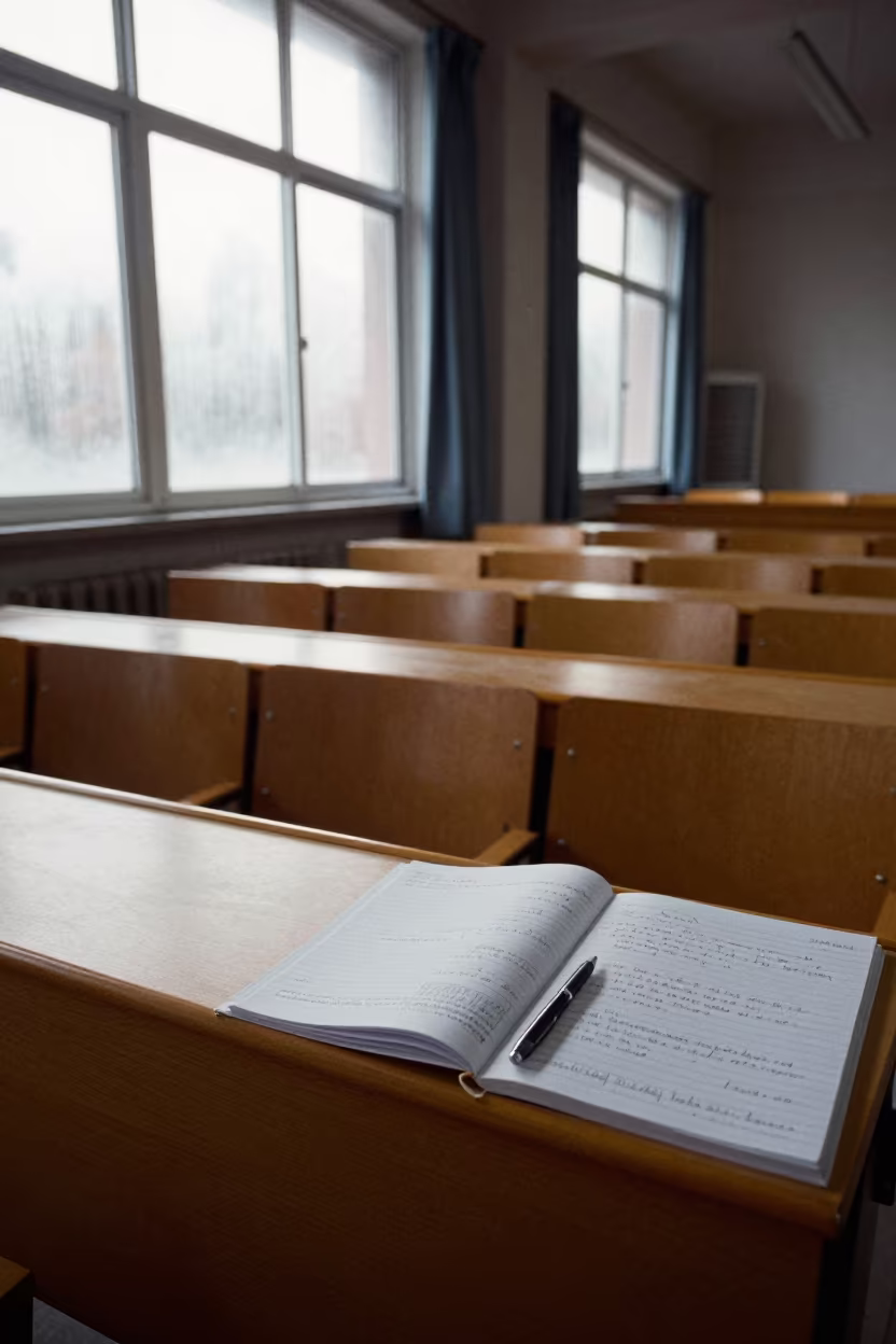 Early morning lecture hall with notes and condensation in at a seminar table covered in notes in Taiyuan