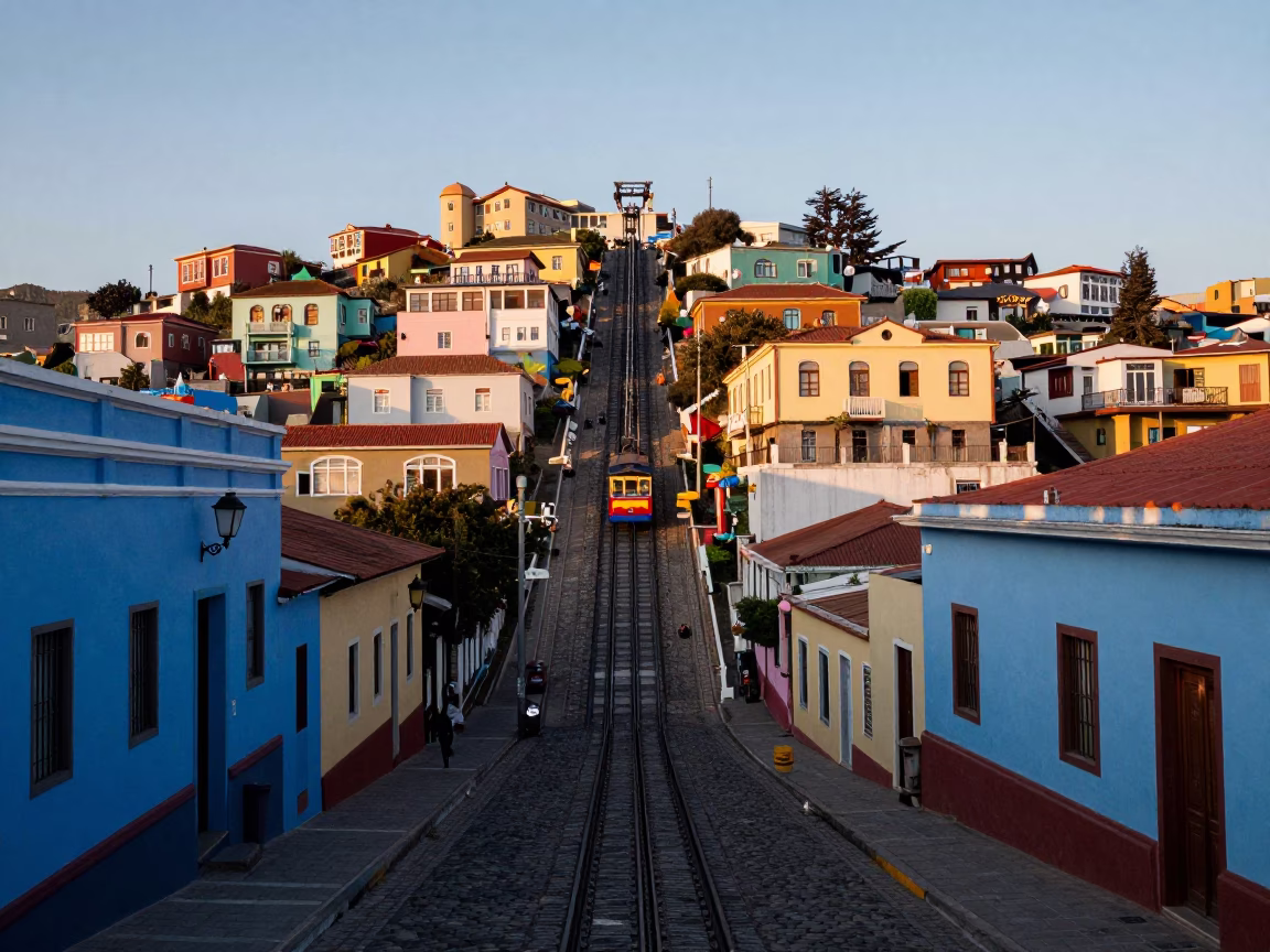 Early Morning Light Illuminating Colorful Steep Streets and Cable Cars in Valparaiso Chile in in Valparaiso, Chile