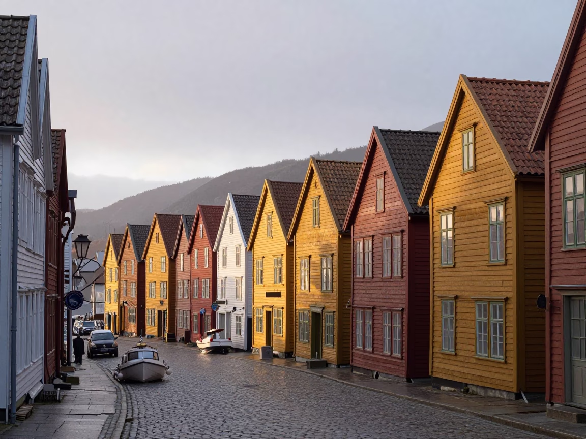 Early Morning Light in Bergen Norway Showing Colorful Hanseatic Houses Along Bryggen Wharf in in Bergen, Norway