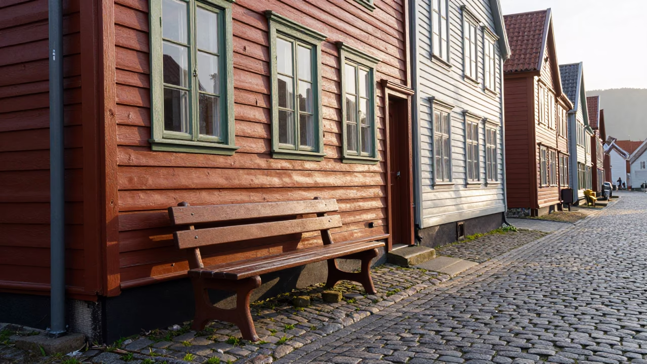 Early Morning Light in Bergen Norway with Rusty Bench and Solar Panels in in Bergen, Norway