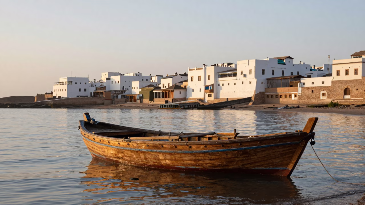Early Morning Light in Essaouira Morocco Traditional Dhow Boat in Harbor with Blue Sky in in Essaouira, Morocco