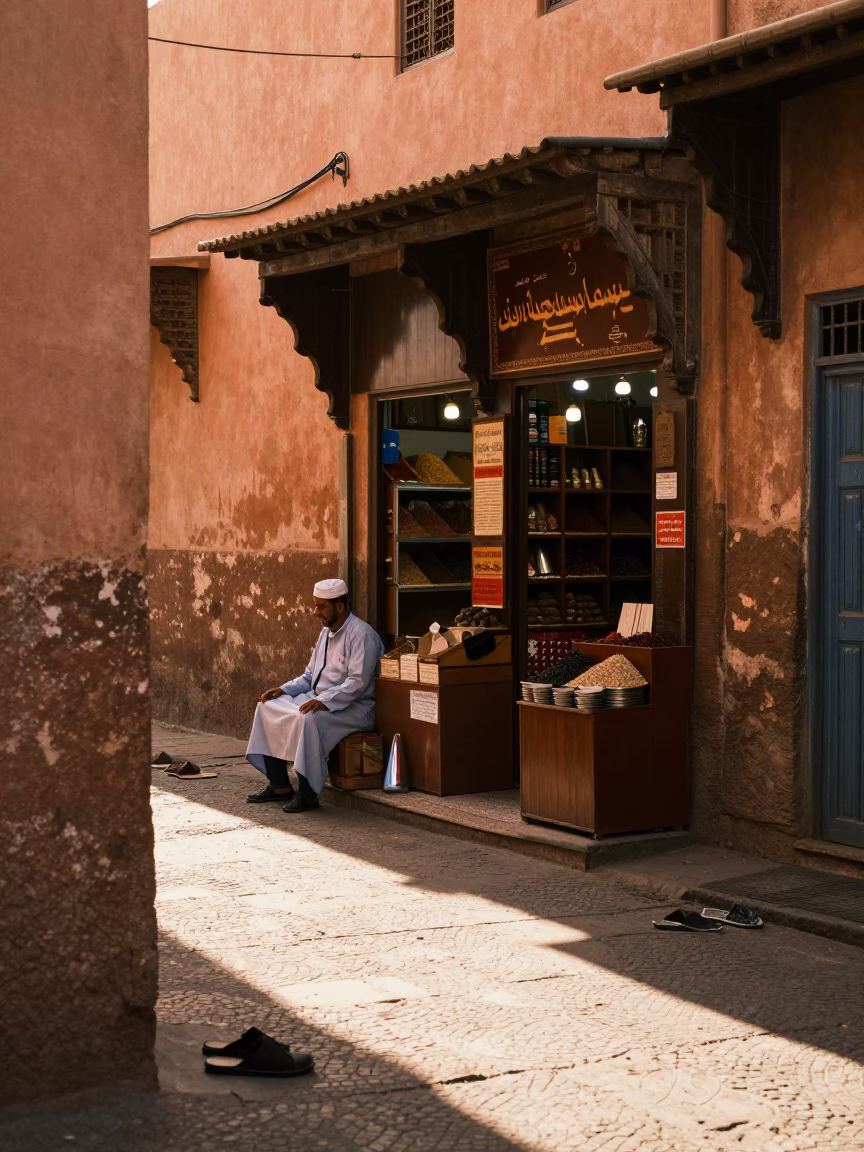 Early Morning Light in Fez Morocco Street Scene with Traditional Slippers and Clay Pots in in Fez, Morocco