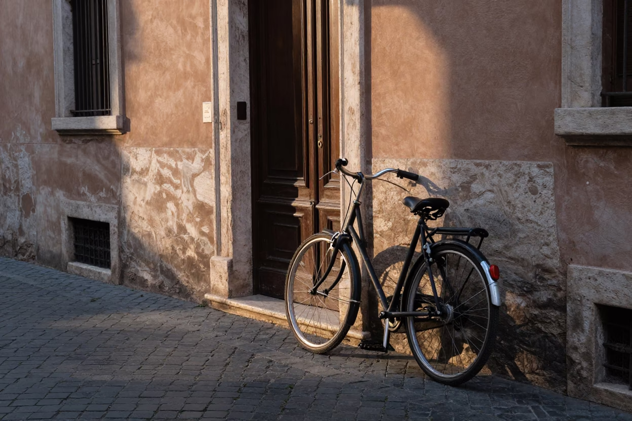 Early Morning Light in Rome Italy Narrow Alleyway with Vintage Bicycle and Stone Architecture in in Rome, Italy