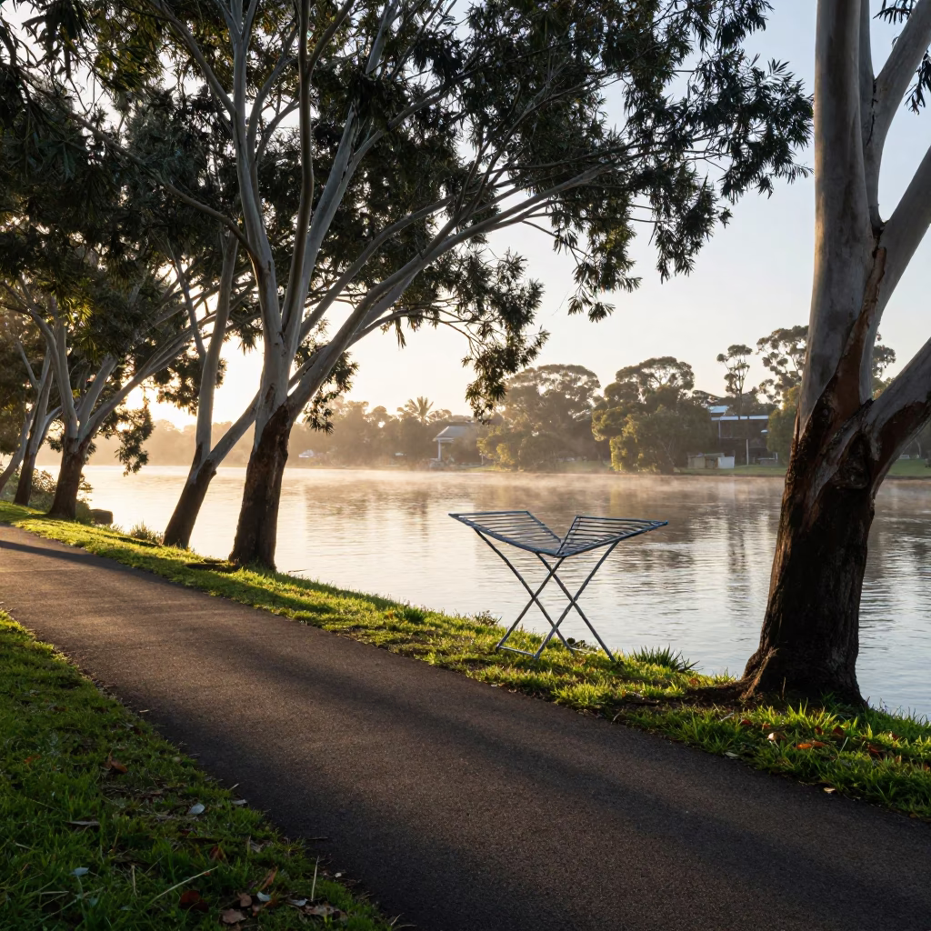 Early Morning Light on Adelaide Riverbank With Drying Rack and River Flow in in Adelaide, South Australia, Australia