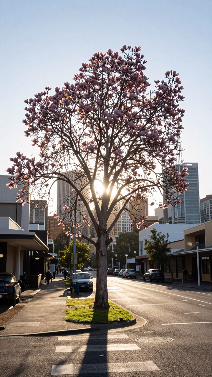 Early Morning Light on Adelaide Street with Magnolia Tree and Urban Details in in Adelaide, South Australia, Australia