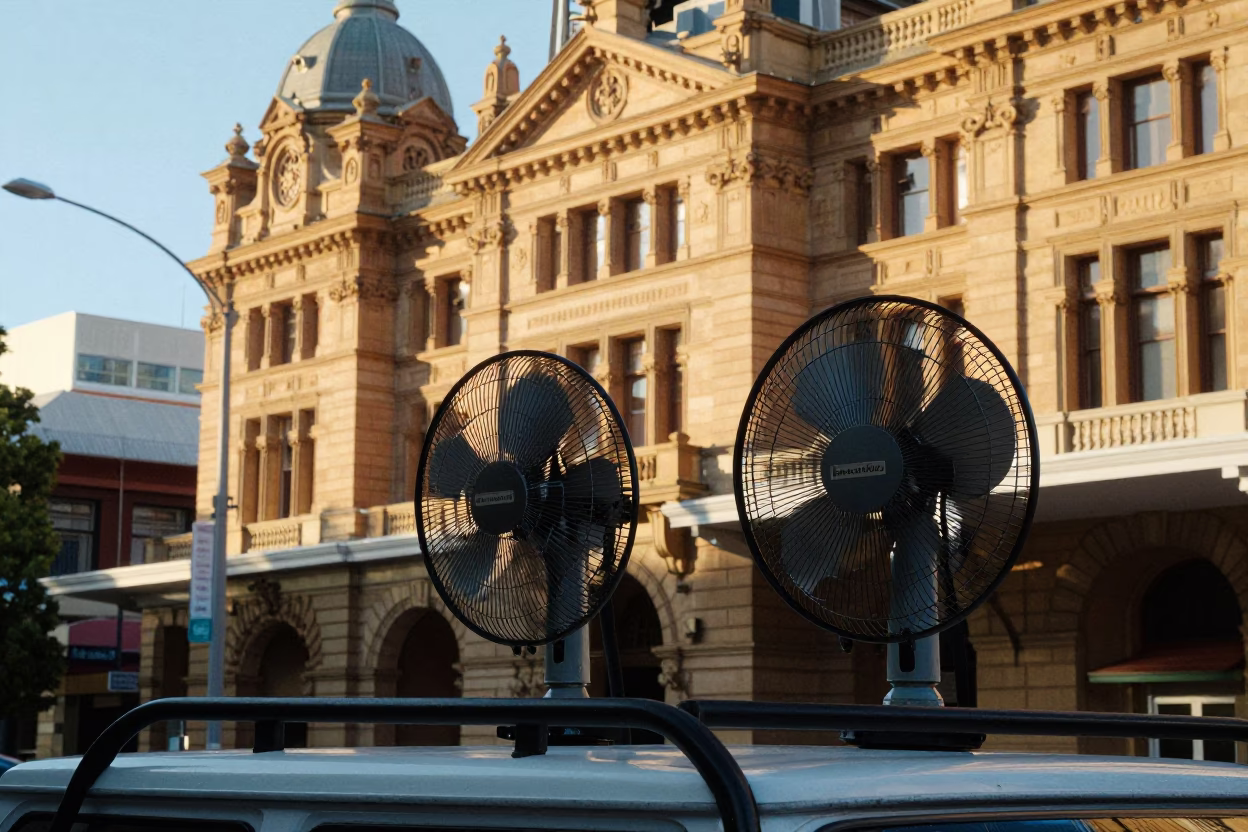 Early Morning Light on Adelaide Street with Table Fans and Heritage Architecture in in Adelaide, South Australia, Australia